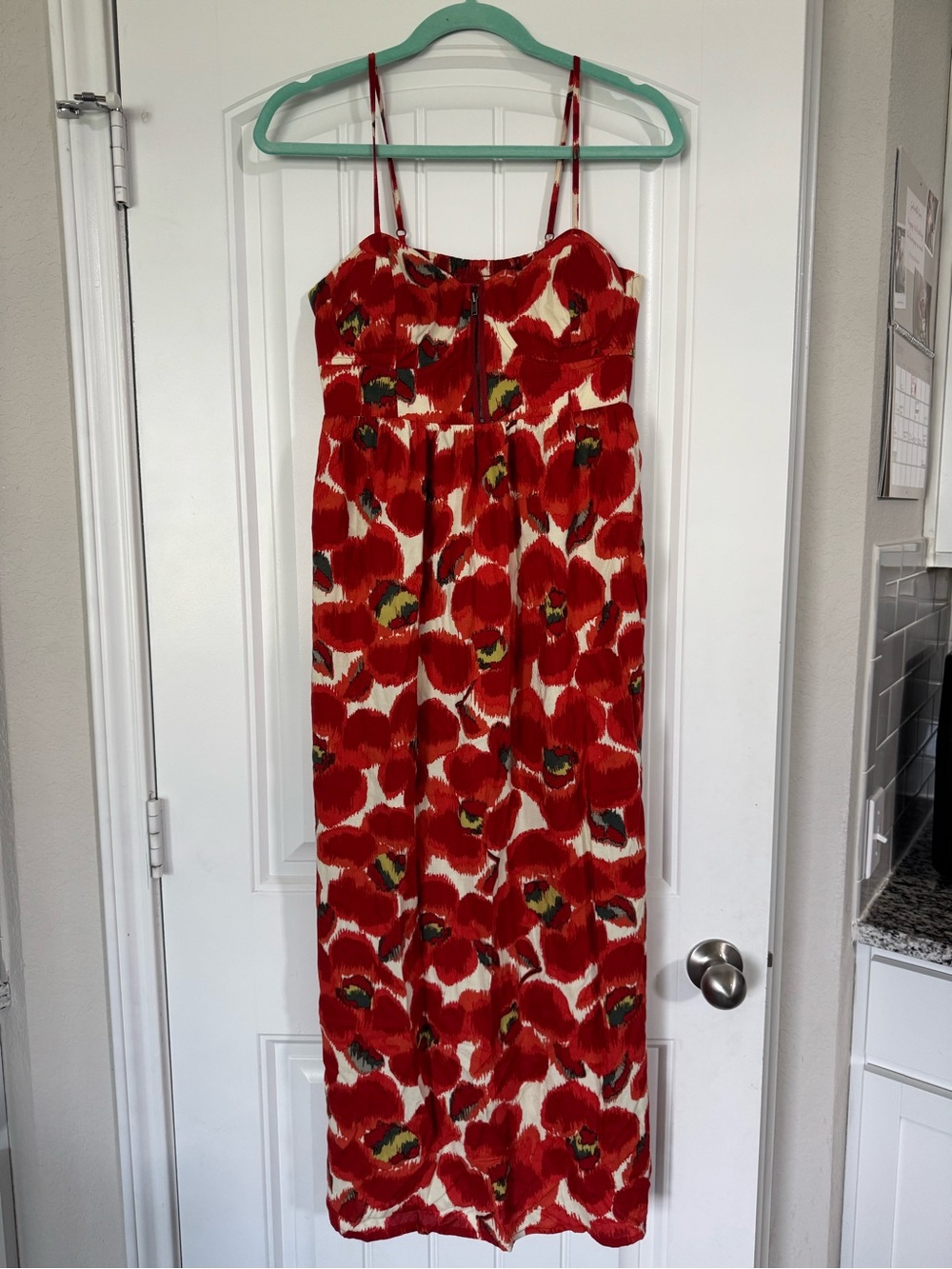 ELLE Red Poppy Floral Rayon Woven Sweetheart Neck Strappy Maxi Dress Pockets M